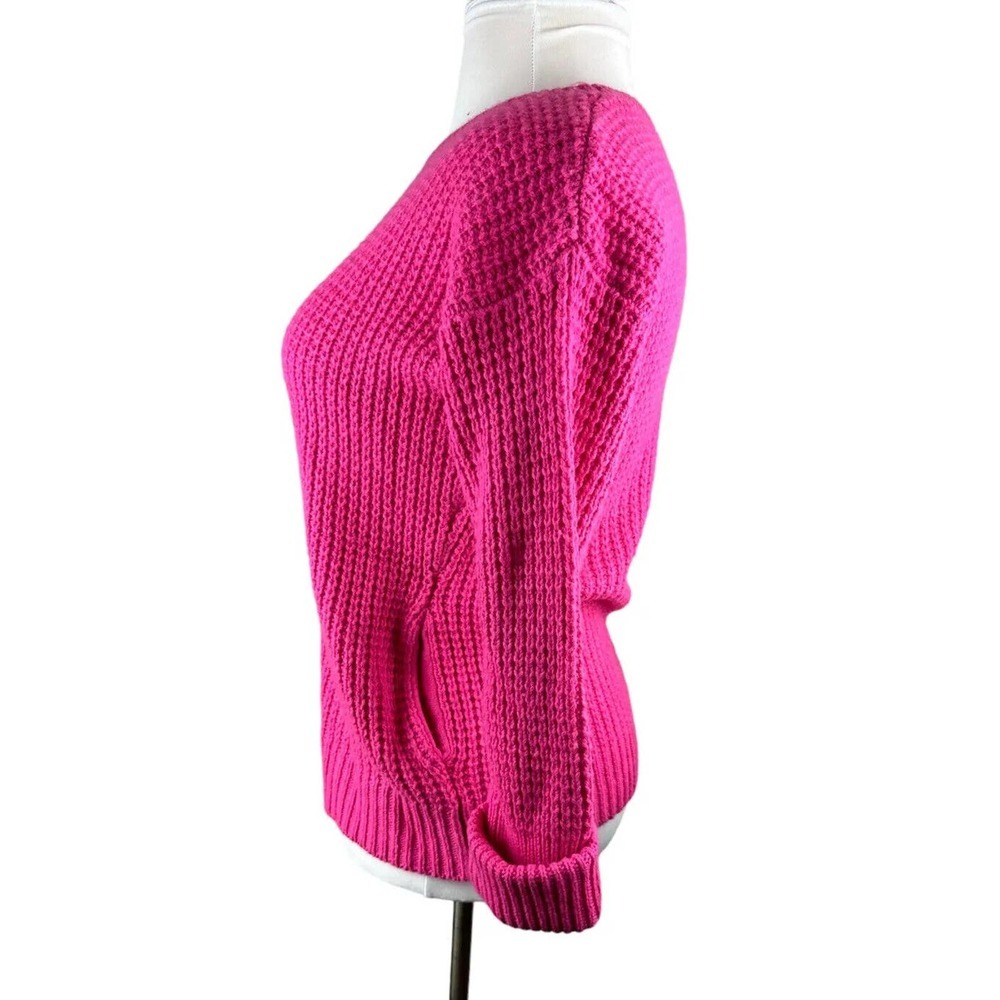 Garnet Hill Waffle Knit Crewneck Cashmere Wool Sweater Pink Pockets Size Small - Picture 15 of 16